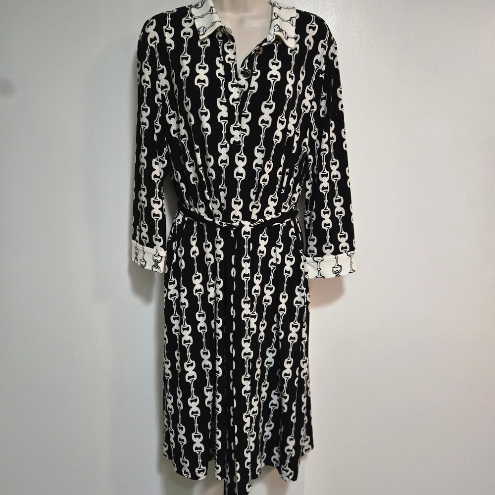 Chico's  Size L Black & White Collared Henley Neck Shirt Dress Bit & Bridal NEW